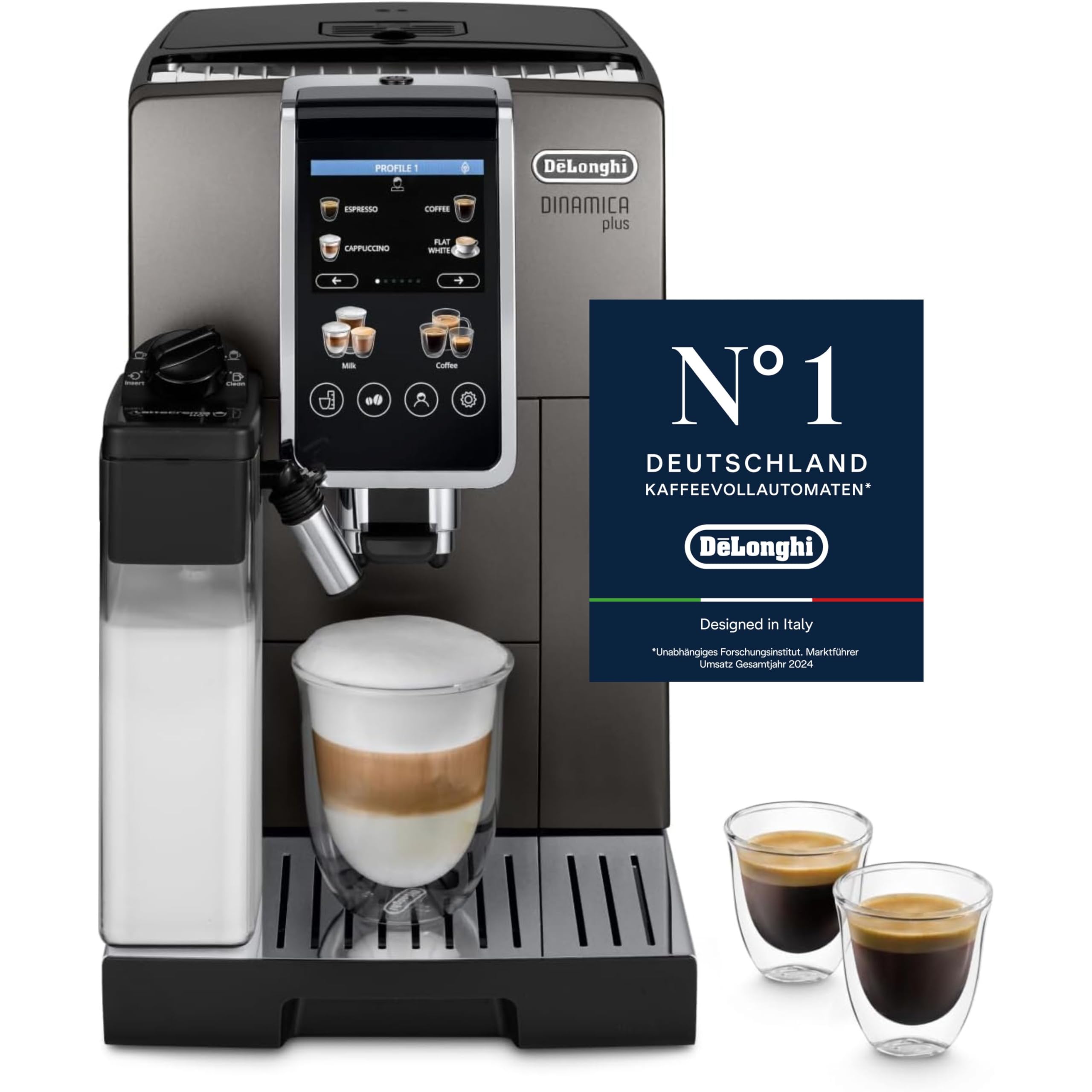 71d4itZFmSL De'Longhi Dinamica Plus ECAM 380.95.TB Kaffeevollautomat Titanium/Schwarz – 24 Rezepte, LatteCrema Hot & 3,5" Touchscreen – Bild 1